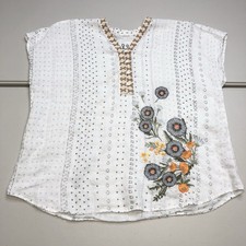JOHNNY WAS White Linen Floral Embroidered V Neck Kaftan Top Small