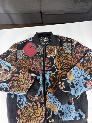 NWT REBEL VENGEANCE Japanese Koi Tiger Woven Tapestry Button Shirt Jacket Mens L - product listing photo