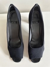 Vintage Stuart Weitzman Black Stretch Square open Toe Pumps block Heel 8.5 N