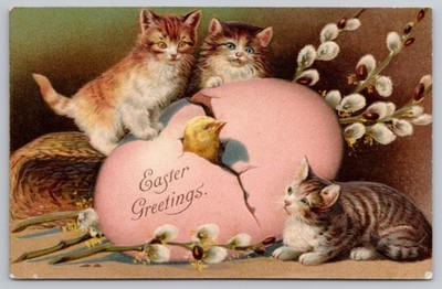 1907 Easter Postcard - Tabby Kittens - Hatching Chick, Pink Egg, Pussy Willows