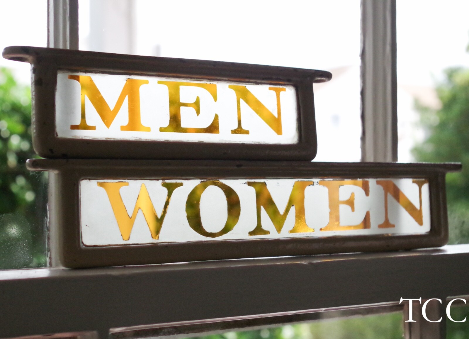 ANTIQUE YELLOW FROSTED GLASS RESTROOM SIGNS MEN WOMEN VINTAGE BATHROOM