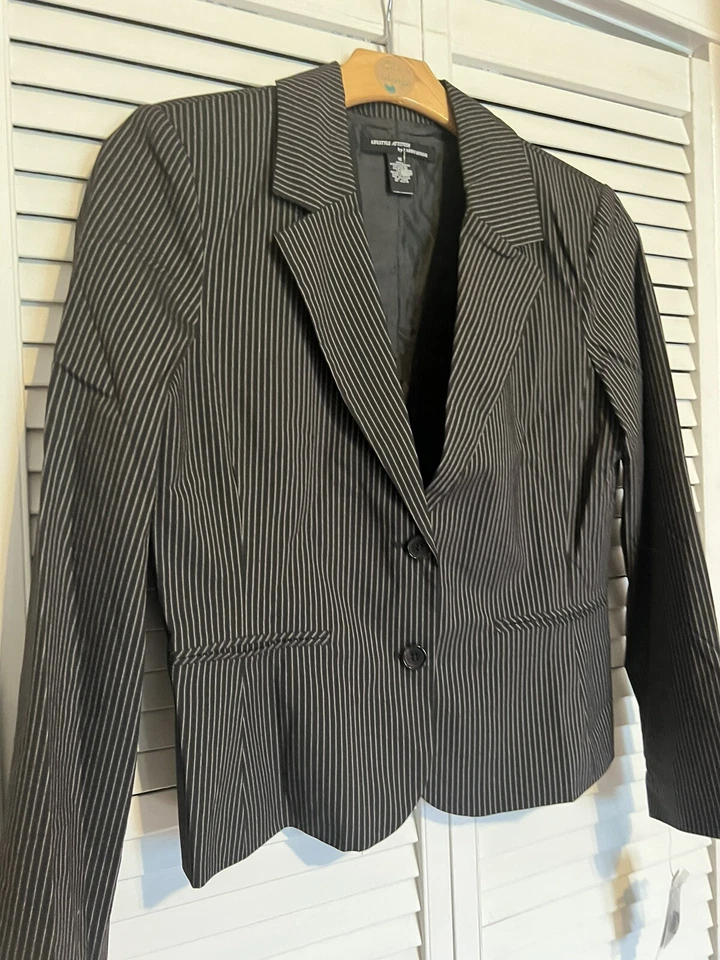 Jaqueta LARRY LEVINE Feminina Tamanho 12 Blazer Terno Preto Marrom Listrado NOVO $70 - Imagem 2 de 4