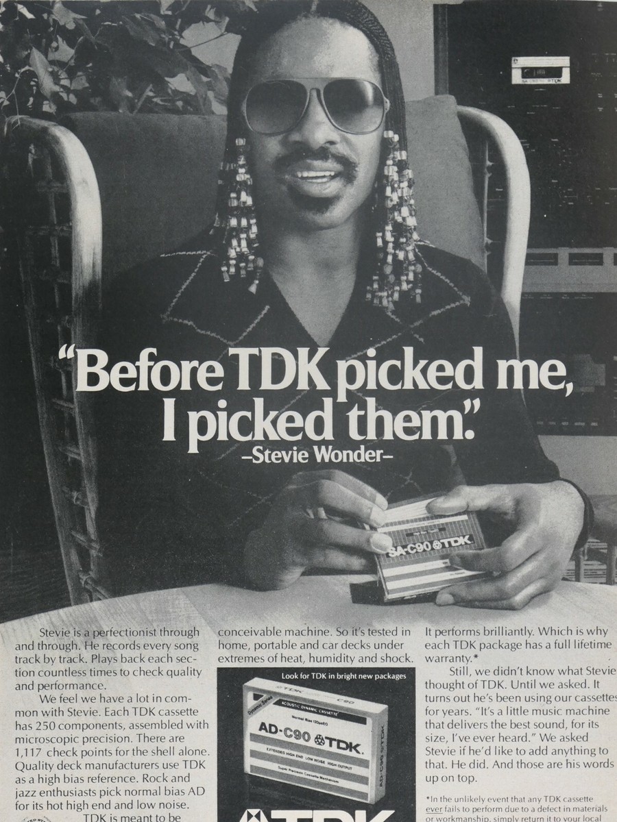 Stevie Wonder Vintage 1980 TDK Original Print Ad 8.5 x 11