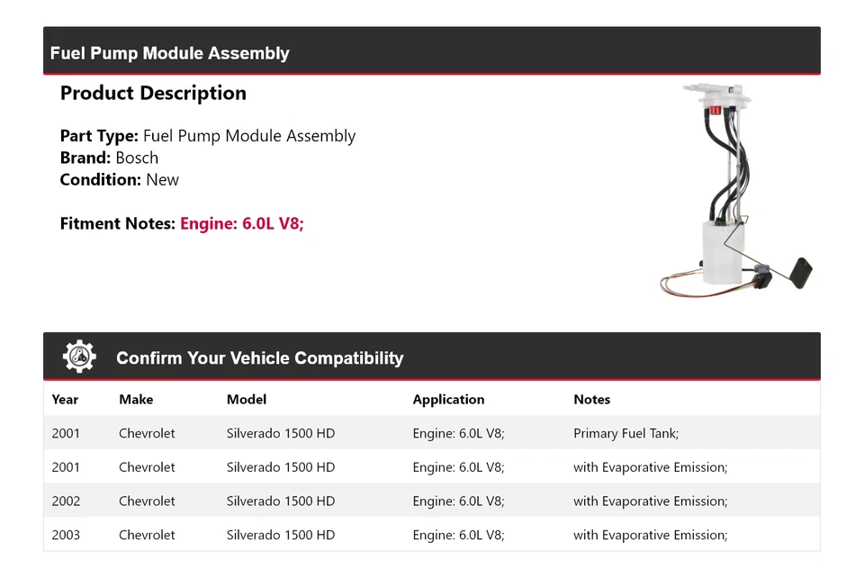 Conjunto de módulo de bomba de combustible Bosch 6,0 L para Chevrolet Silverado 1500 HD 2001-2003 Foto 2 de 4