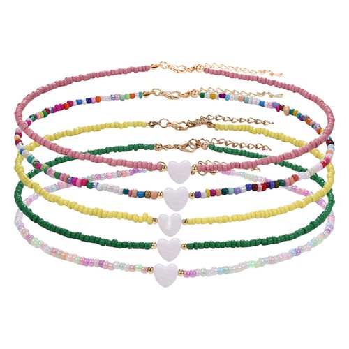 5pc Women Colorful Beaded Beach Necklace Set Bohemian Y2K Heart Pendant Necklace