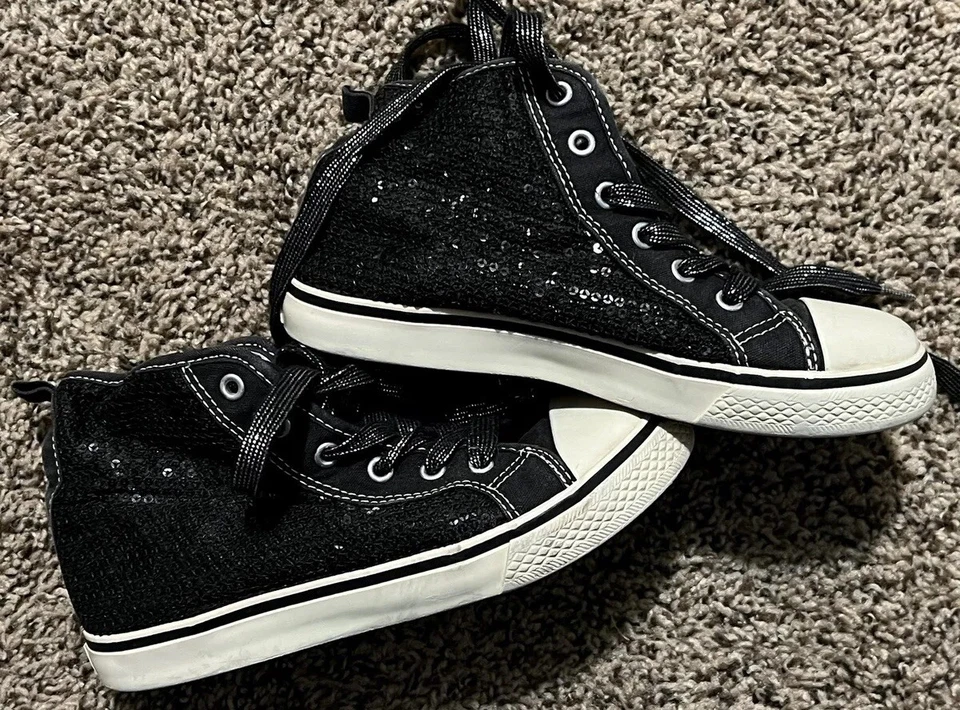 CRAZY8 GYMBOREE GIRLS SIZE 1 HI TOP BLACK SPARKLE SEQUIN DANCE SHOW SNEAKERS - Image 2 of 4