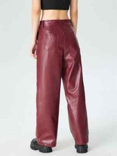 Women High Waist Matte Leather Trousers Vintage Burgundy PU Straight Pants