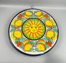 Italian Tuscan Terracotta Hand Painted Sun & Lemon Round Wall Plaque 9.25" Heavy