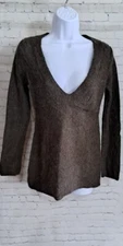 Garnet Hill Pullover Sweater Top Sz S Alpaca Blend Deep V Neck Knit Fuzzy Brown