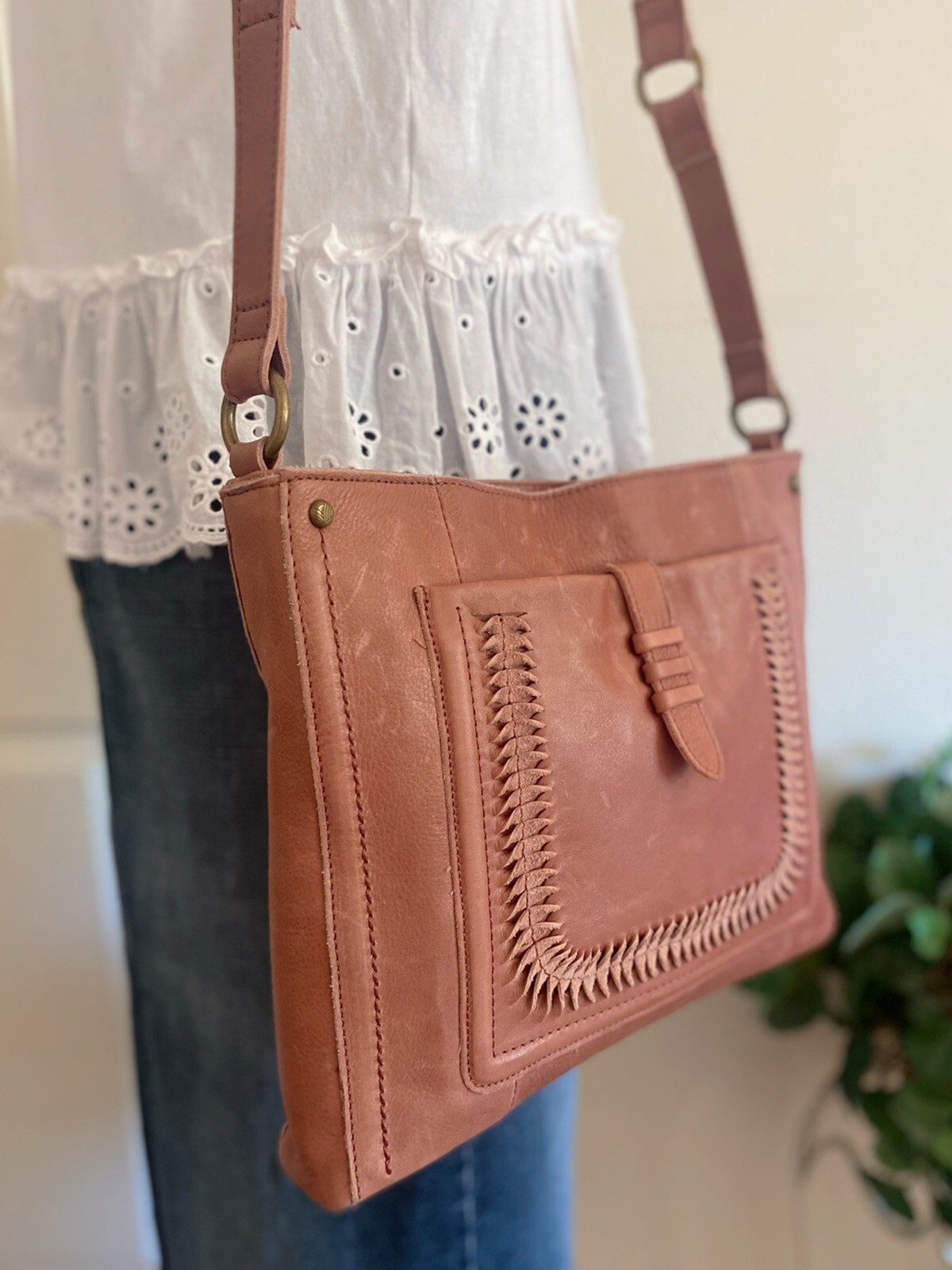 The SAK Fig Red Leather Woven Detail Crossbody Should… Gem