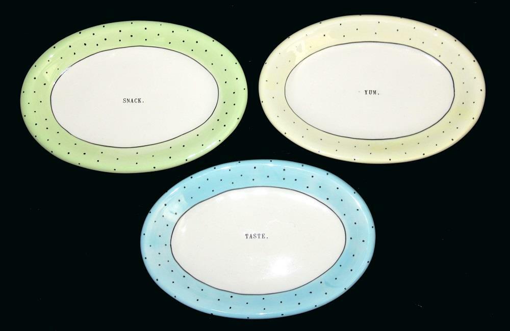 Rae Dunn Pastel Polka Dot Snack Taste Yum Oval 8-1/8 Appetizer