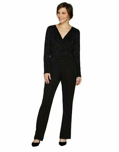 Lisa Rinna Collection Long Sleeve V Neck Jumpsuit Black, Small, A298370 - 第 1/4 張圖片