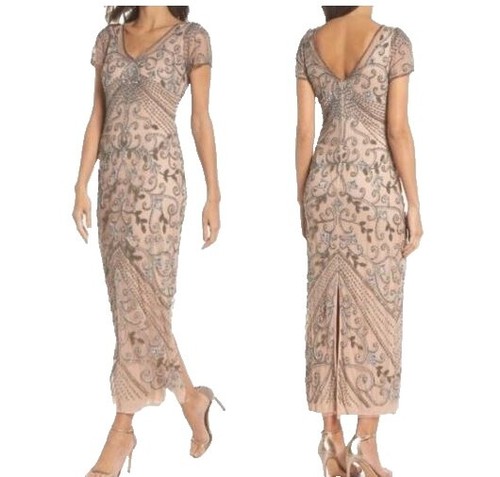Pisarro Nights Beaded Mesh Midi Cocktail Dress SZ 14 Smoke $268 | eBay