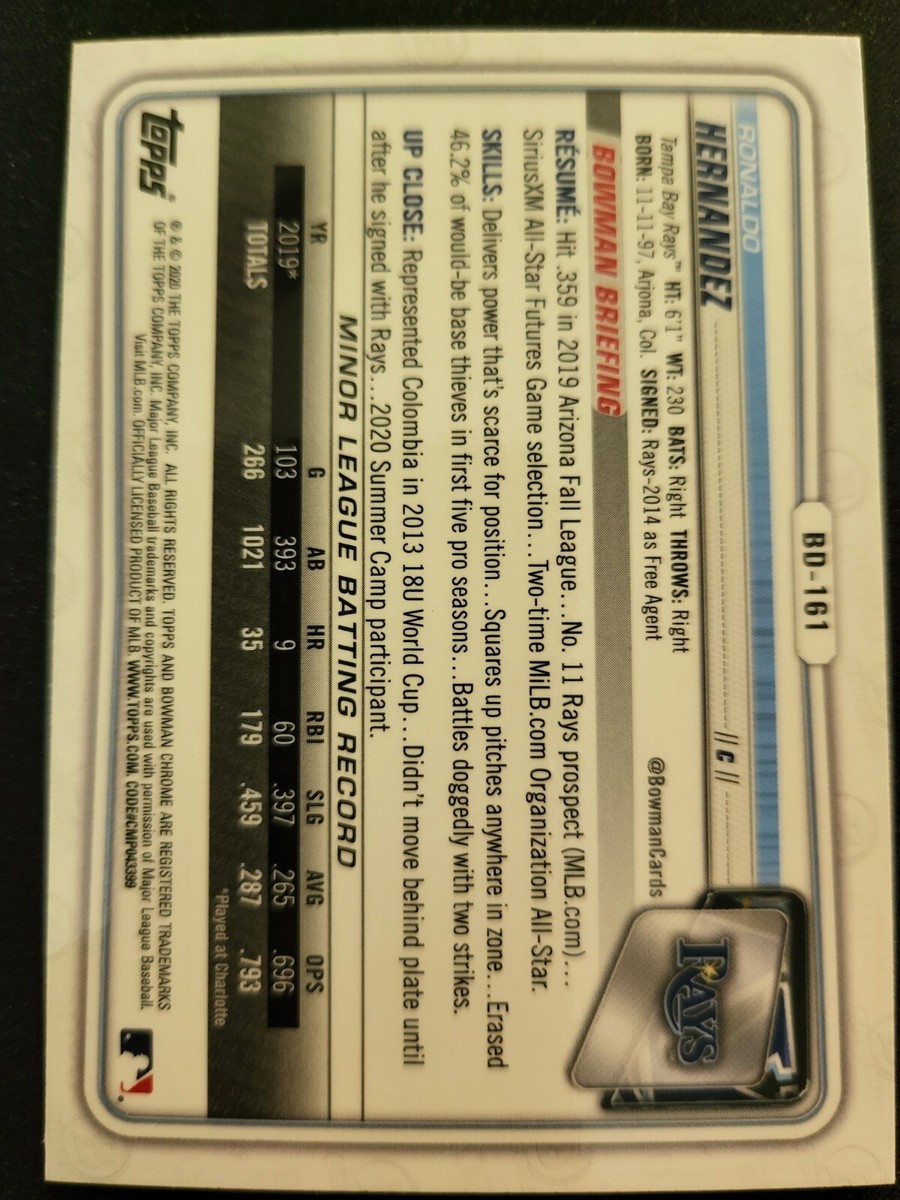 2020 Bowman Draft Chrome Ronaldo Hernandez BLUE ICE #BDC-197 Rays