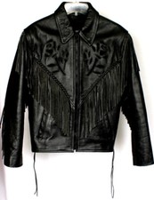 Leather King Ladies Black Leather Western Biker Jacket With Fringe Womens Sz S