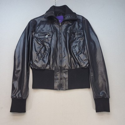 Miley Cyrus Max Azria Bomber Jacket Womens XL Black Faux Leather Zip Retro