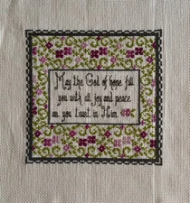 finished completed cross stitch unframed Bible verse May the God of hope