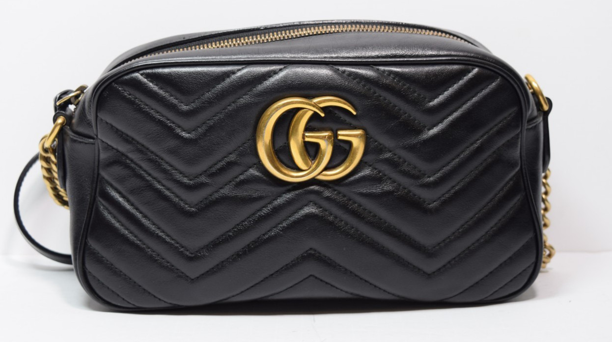 GUCCI GG Marmont Small Camera Shoulder Bag Crossbody Chain Black