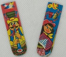 Vintage 1950's tin toy whistles Set of two : Cowgirl  Oboe player