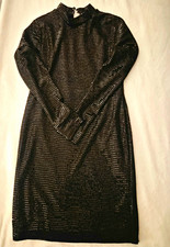 GUESS Black Beaded Mesh Mock Neck Long Sleeve Sheath Knee Dress Party M