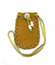 Native American Brown Leather Pouch, Cherokee Made, Antler Button, COA  " #745A