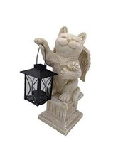12.6" Cat Angel Memorial Statue with Lantern, Rustic Antique Vintage Figurine