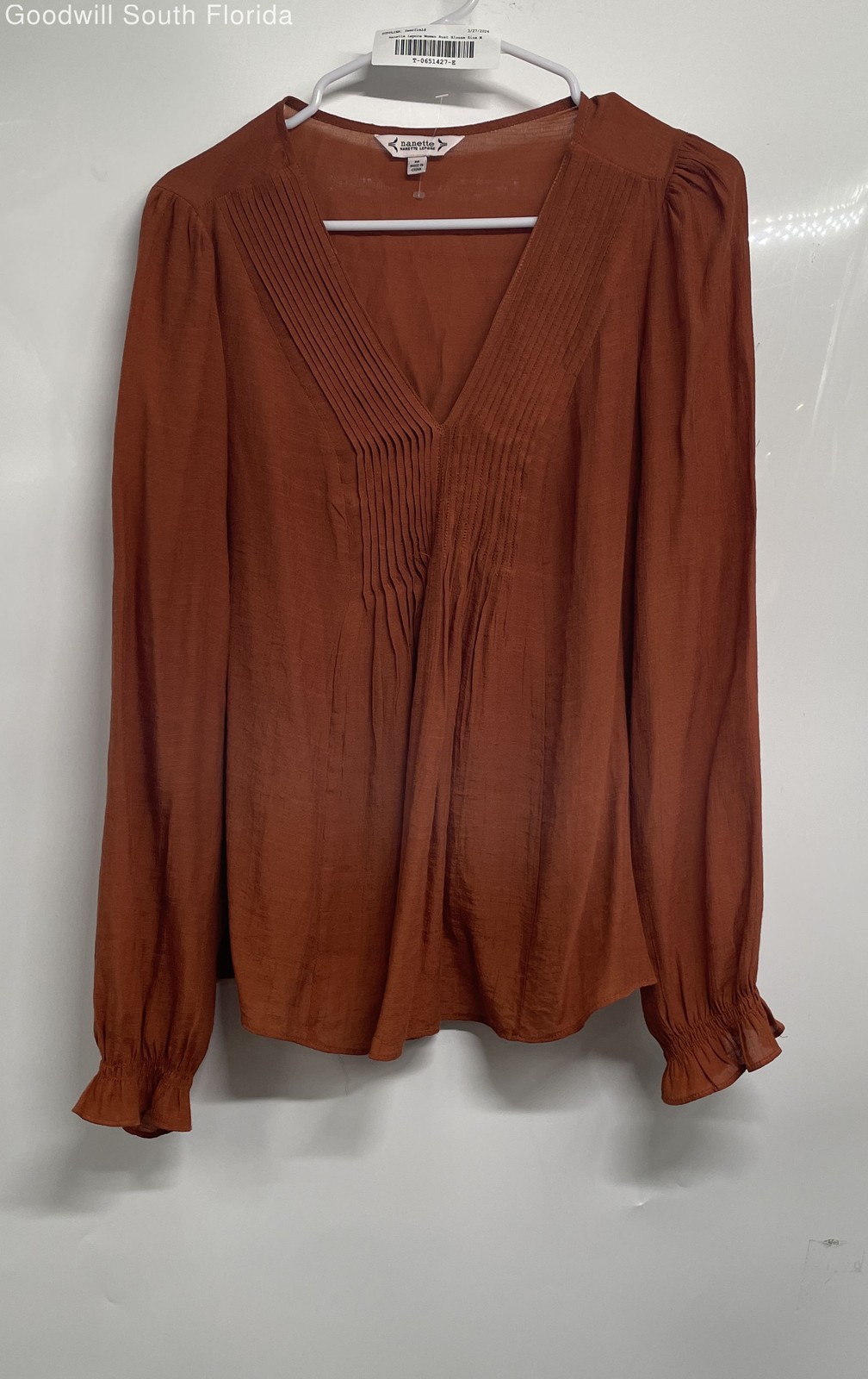 Nanette Lepore Womens Rust Pleated Long Sleeve V-Neck Blouse Top Size M