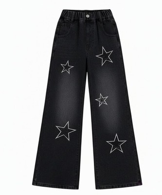 Girls Y2K Black Star Jeans Size 10-12 Pull on Stretchy Baggy Wide Leg Distressed