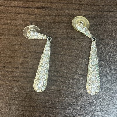 Vintage ROMAN Silver Tone Pave Rhinestone Dangle Pierced Earrings FBZ21123