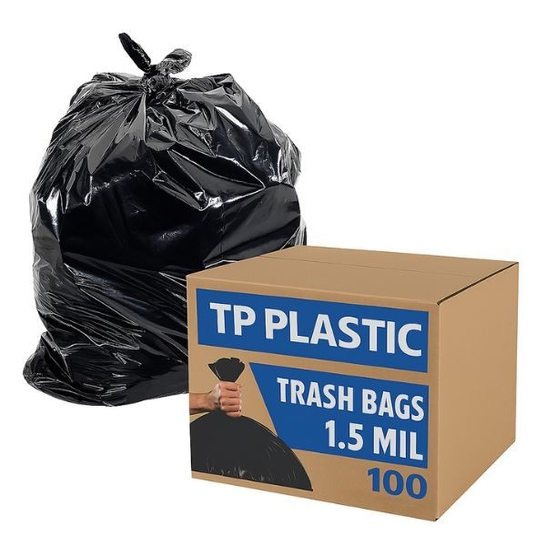 TP Plastic Heavy Duty 40-45 Gallon Black Trash Bags, 100 Count Garbage Can Liner