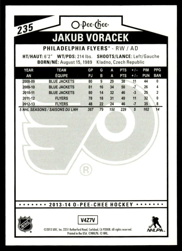 2013-14 O-Pee-Chee Rainbow Jakub Voracek Philadelphia Flyers #235 - Image 2 of 2