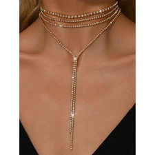 Women Bling Rhinestone Tennis Chain Choker Tassel Y Lariat Necklace for Wedding