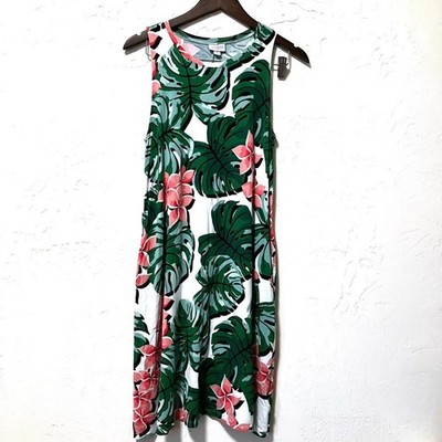 LulaRoe Tropical Midi Dress M Green Pink Floral Leaf Print Pockets