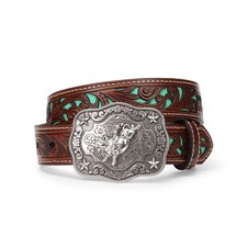 Nocona Youth Tooled Brown Turquoise Leather Western Belt - Size 24
