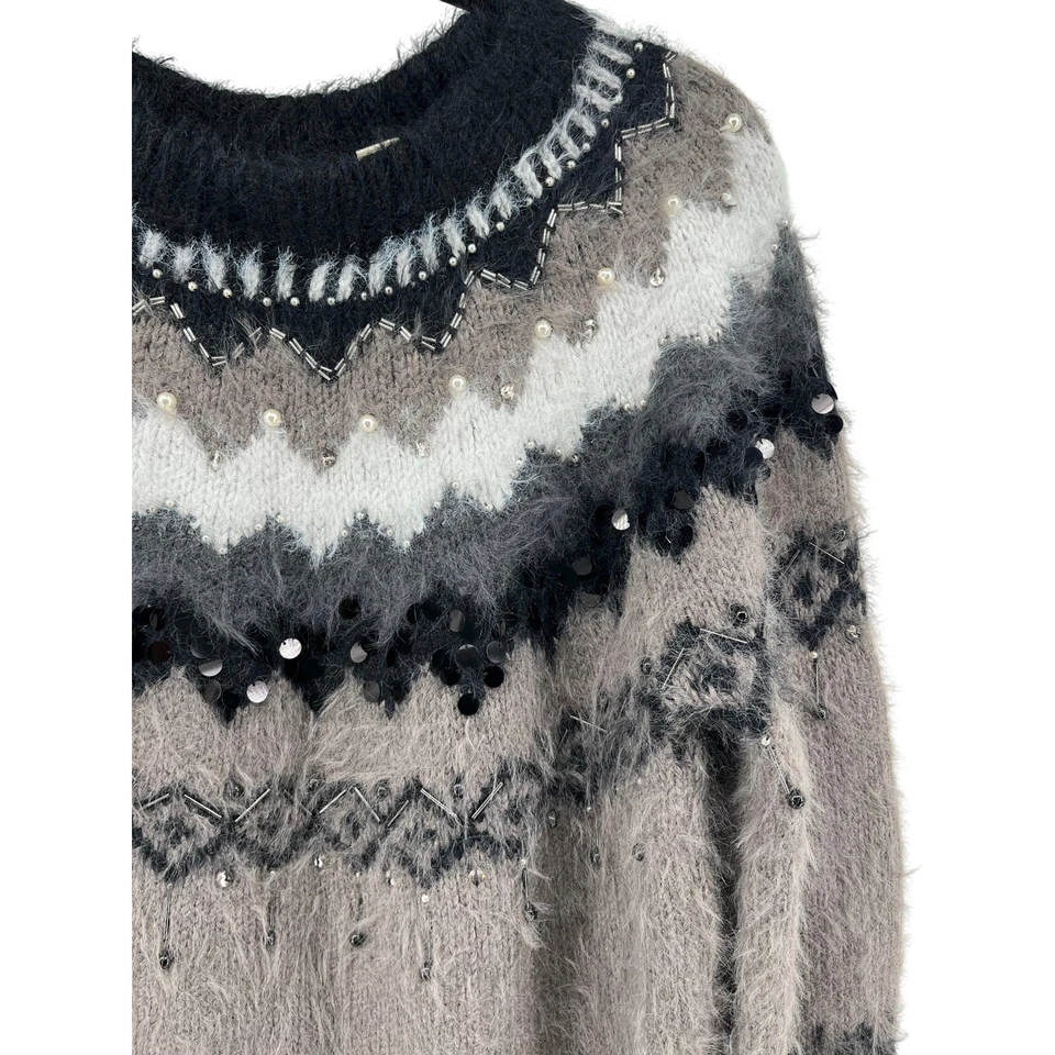 Сон на снегу Anthropologie украшенный Fair Isle пушистый свитер вязаный шерсти M - Изображение 2 из 4