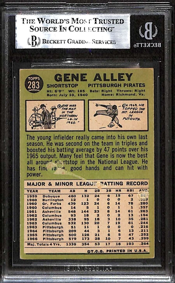 1967 Topps 283 Gene Alley BGS с автографом BAS подлинный C100126 - Изображение 2 из 3