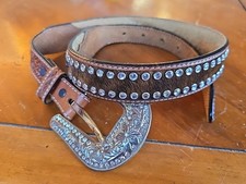 Women's Leather Calf Hair Rhinestone Tooled Belt Sz 28 Western Cowgirl Showy