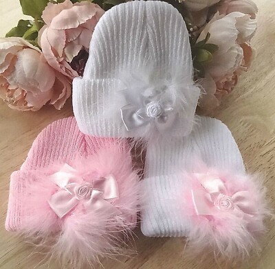 Baby Knitted Hat Rosette Bow Marabou Feather White Pink Pull On Beanie  Newborn UK