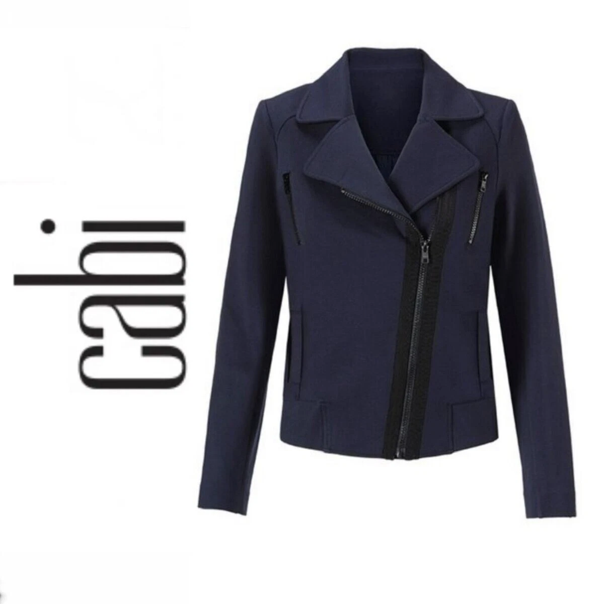 CAbi Chance Moto Jacket Womens Size Small Blazer Notch Collar Navy Blue 5476