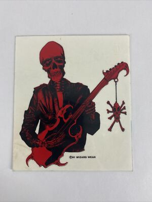 Vintage 91 Wizard Wear Skeleton Guitar Red and Black Sticker 4.75 x 5.5''