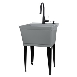 Grey Utility Laundry Tub With High Arc Black Kitchen Faucet Vetta