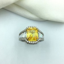 Yellow Cushion Shape Citrine With Sparkle CZ 935 Silver Gorgeous Ring 8.5 Size 