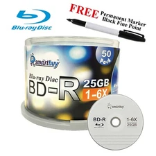 50 Smartbuy Logo BD-R 6X 25GB Blu-ray Blank Media Disc + Black Permanent Marker