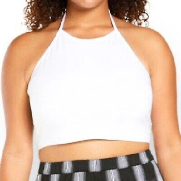 BP. NWT Women's 3X Plus Size White Cropped Halter Top High Neck Solid Basic