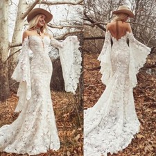 Bohemian Long Sleeves Wedding Dresses Mermaid Lace Appliques Bridal Gowns