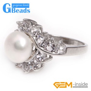 Authentic Fsahion White Gold Plated With Rhinestone 9-10mm Freshwater Pearl Rings 4 Colors