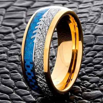 Men's 8mm Gold Tungsten Cupid's Arrow Blue & Meteorite Inlay Wedding Band