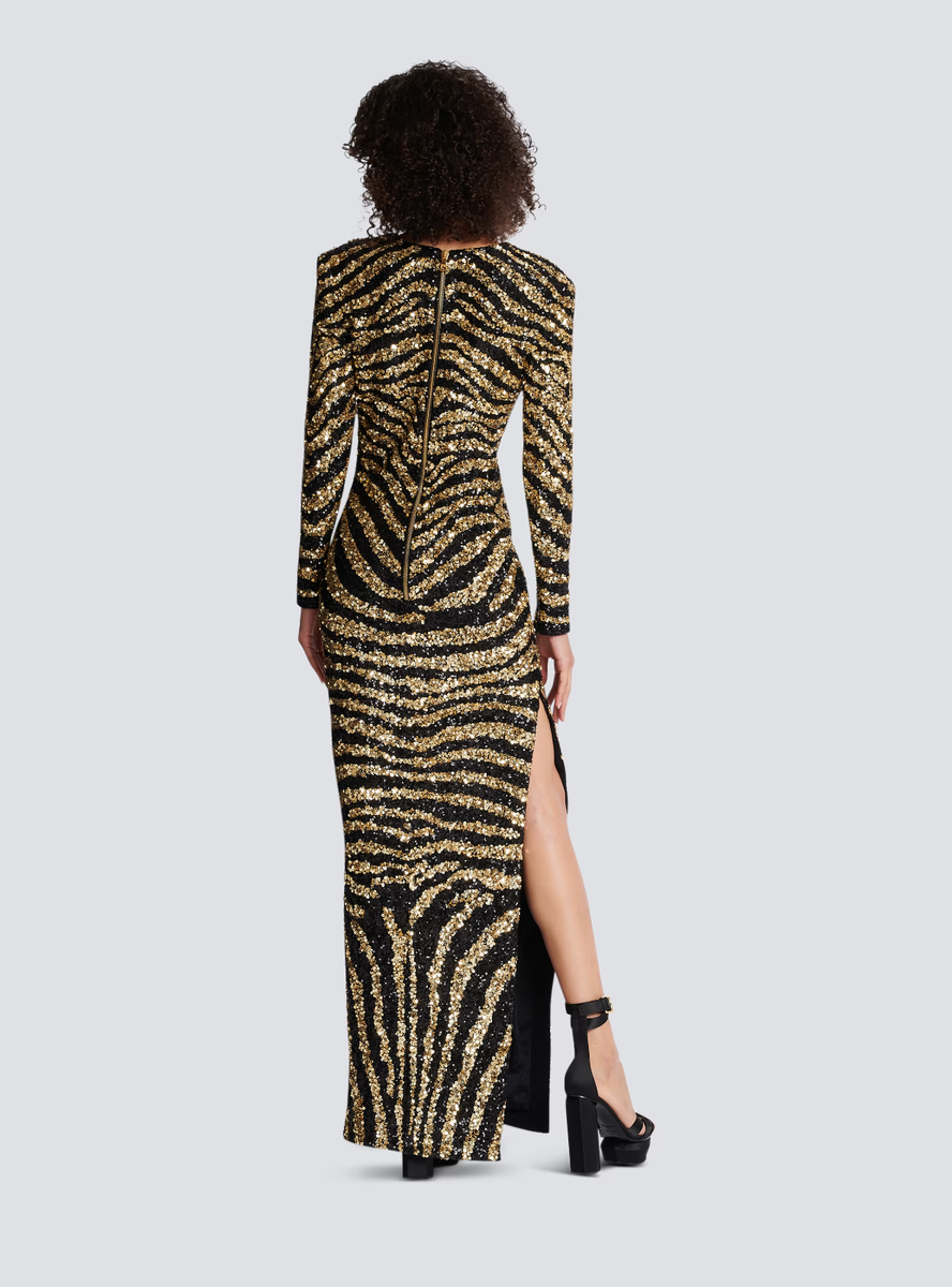 $9500 New BALMAIN Embroidered Zebra Long Dress Gold Black Sequins Gown 38 |  eBay