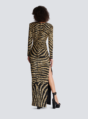 $9500 New BALMAIN Embroidered Zebra Long Dress Gold Black Sequins Gown 38 |  eBay