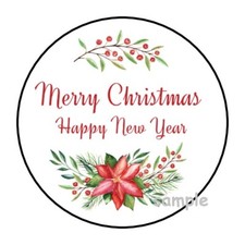 30 MERRY CHRISTMAS HAPPY NEW YEAR ENVELOPE SEALS LABELS STICKERS 1.5" ROUND